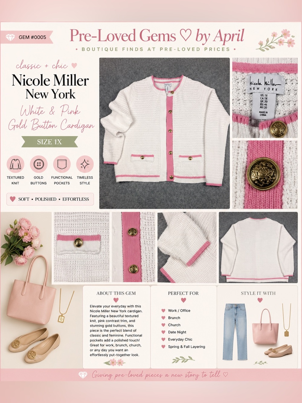 Nicole Miller White Pink Cardigan Gold Buttons. Good Morning America Seen On TV